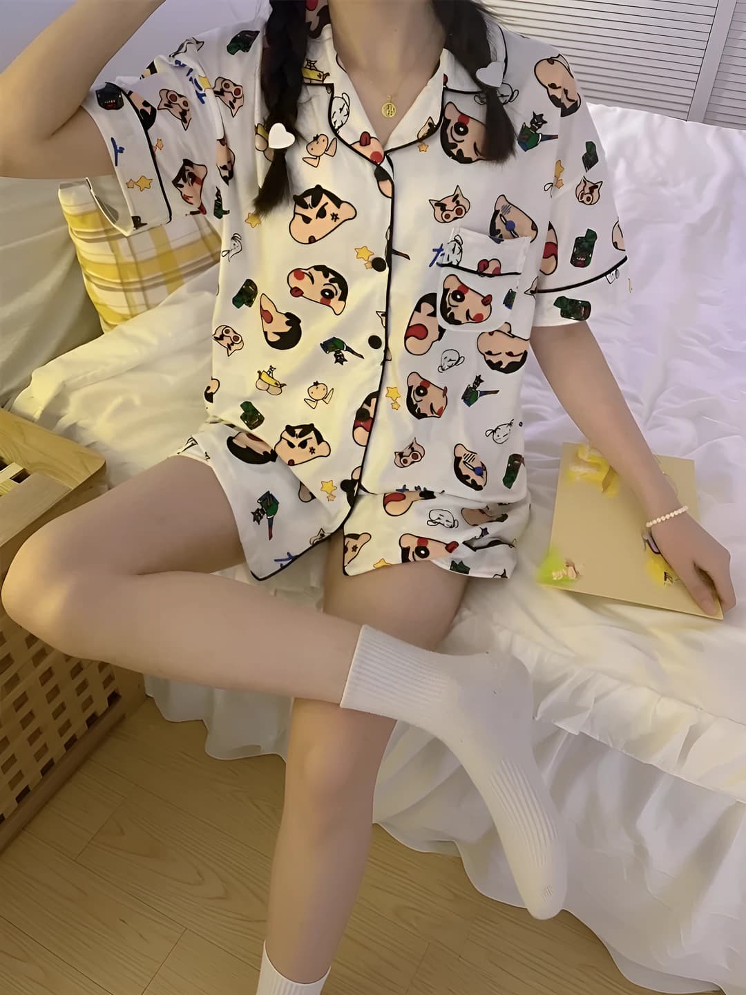 Women's summer short sleeve pajama set, Korean style, lapel collar, shorts, loungewear