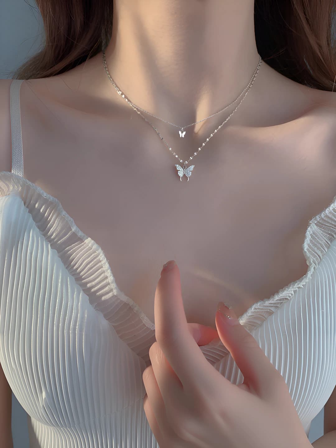 Women's two-layer butterfly chain necklace, alloy, polished, O-link chain, adjustable, 41-50 cm