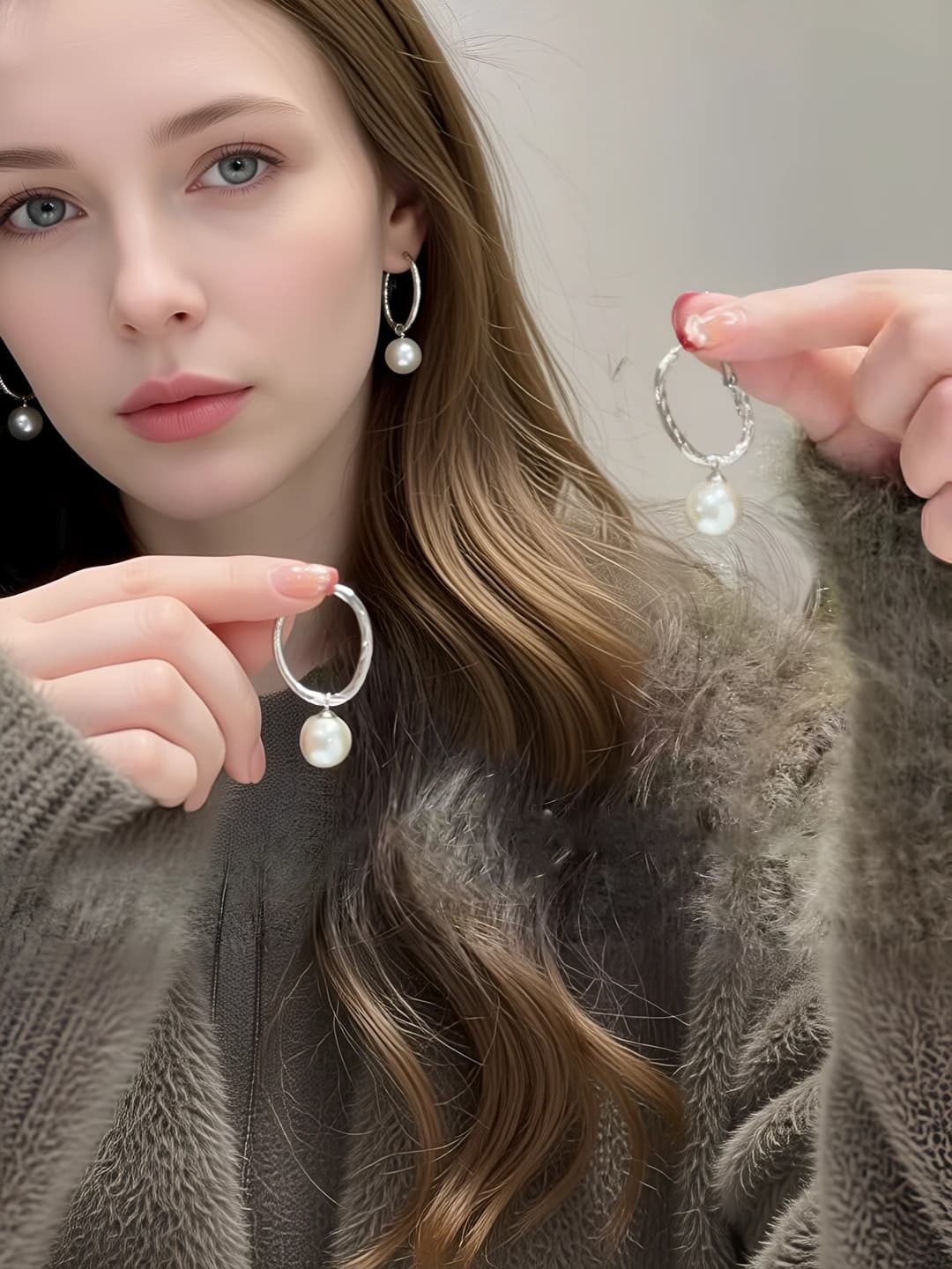 Women's pearl drop hoop earrings, geometric shape, 7-8 mm diameter, retro style