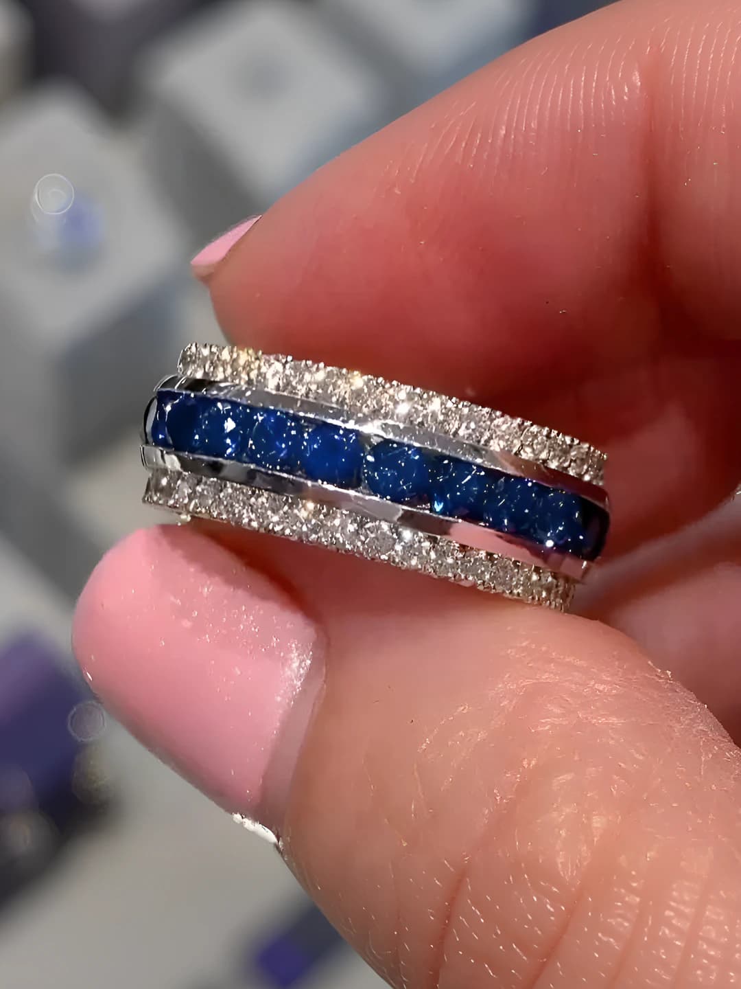 Women's geometric ring with zirconia inlays in individual style