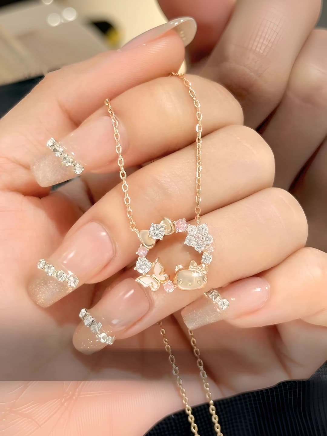 Women's Hello Kitty necklace with zircon and flowers, sweater chain, style: ins