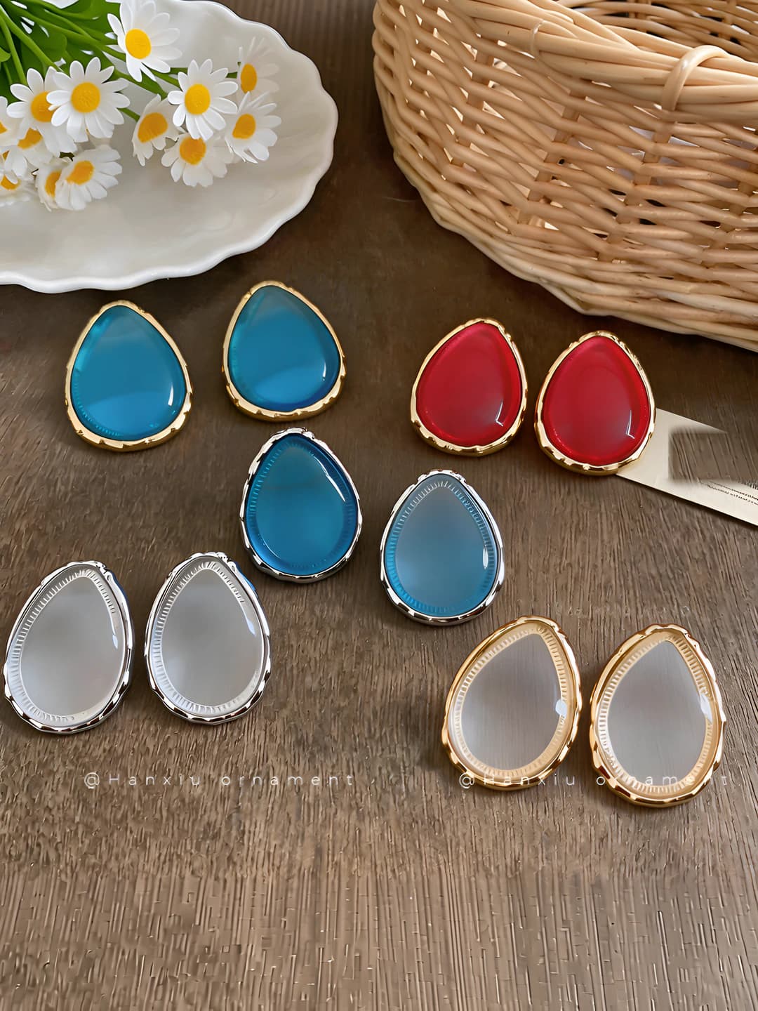 Women's resin teardrop stud earrings, minimalist style, steel post, high-end design element