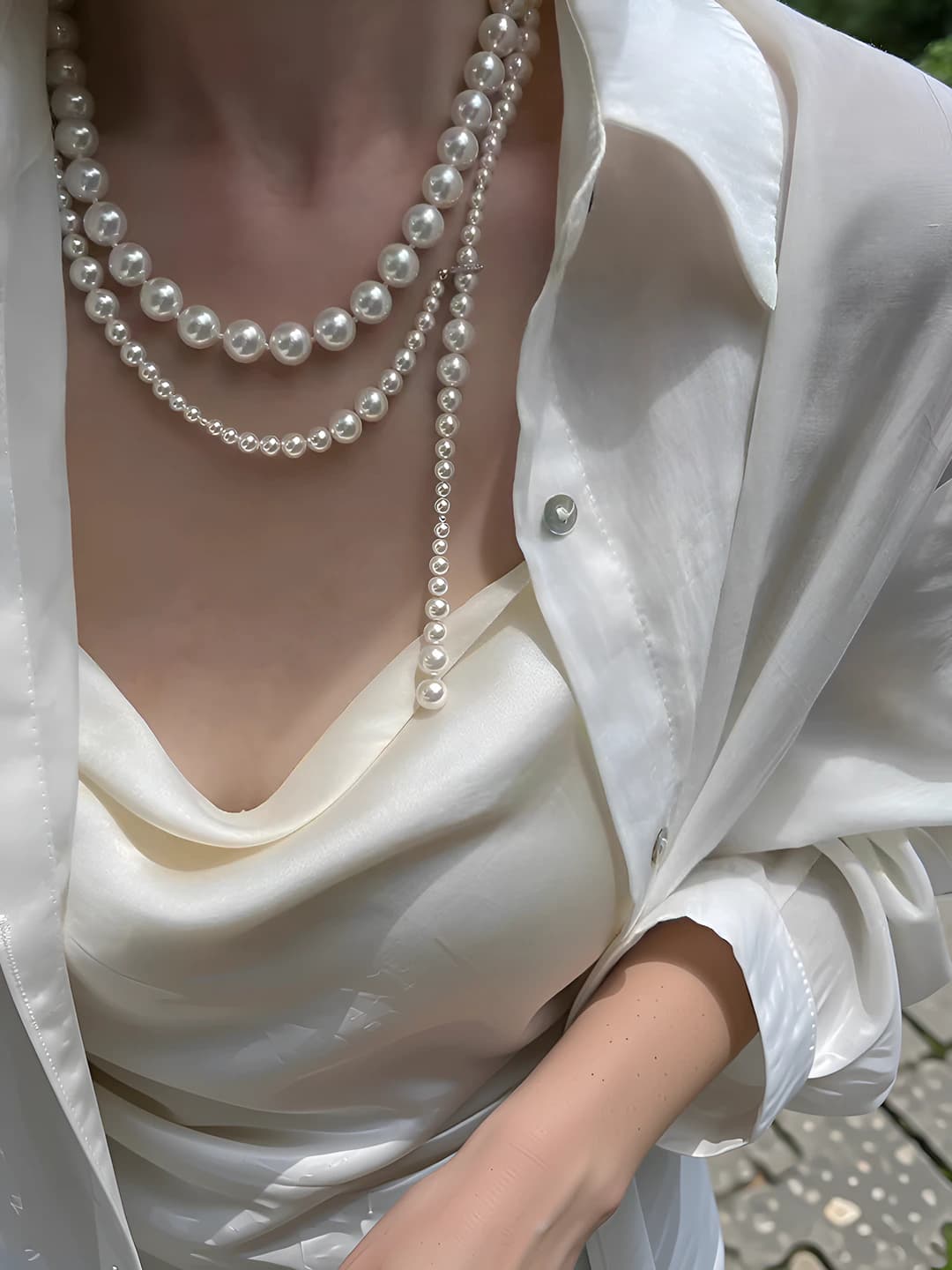 Women's long beaded necklace for sweater: imitation pearl, handmade, layered, 41-50 cm