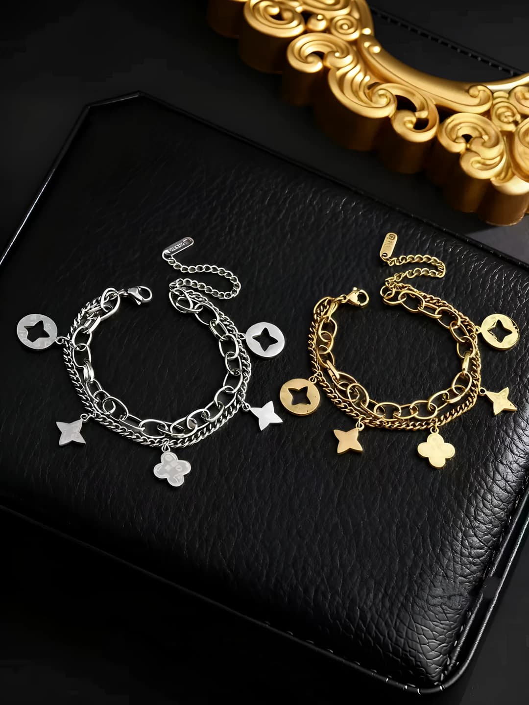 Women's gold-colored titanium steel bracelet with rhombus shape, floral pattern and tassels, non-fading