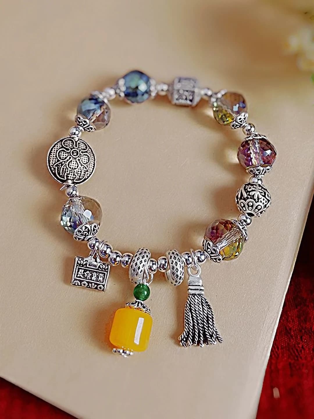 Women's retro style national pattern enamel bracelet with safety lock design element for attracting luck and love