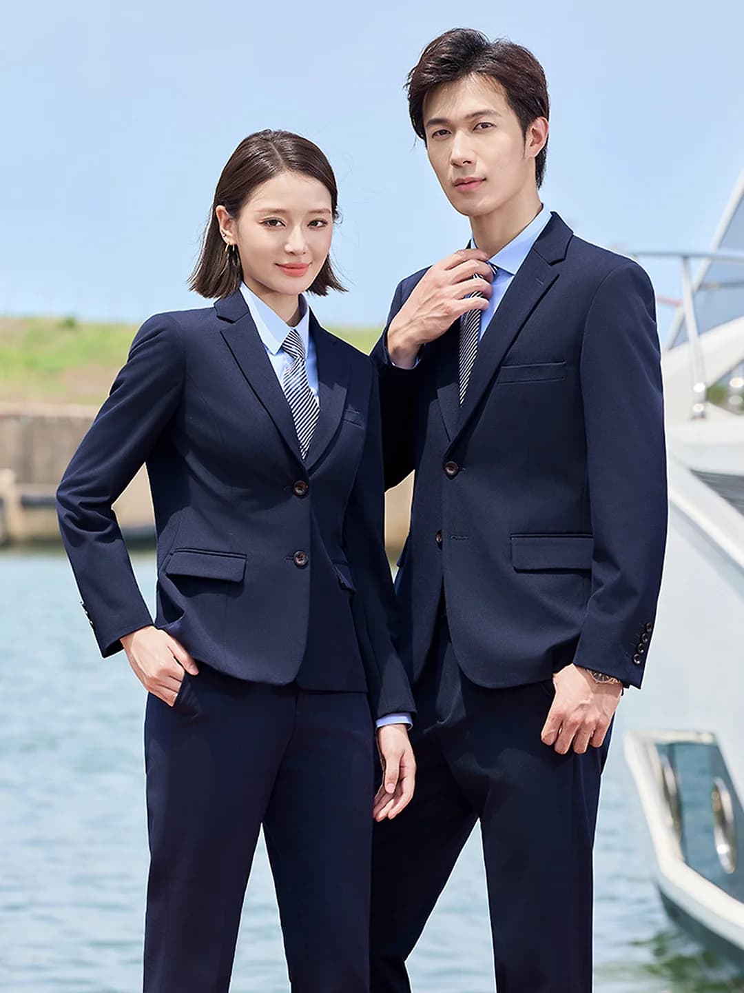 Navy polyester business suit set for men and women, long sleeve, long trousers, regular sleeve type