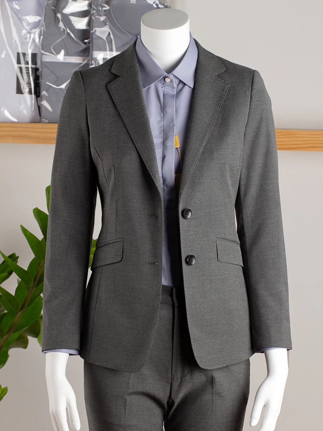 Women's dark grey two-button two-piece office suit set with long trousers and long sleeve, polyester, for work, business, casual and formal wear, workwear for facility and hotel managers